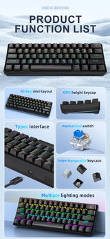 APAYADO K61 Mini Mechanical Keyboard,Wired,61 Keys,Phantom RGB, Black/White Red/Blue Mechanical Switch for Gaming,60% Portable